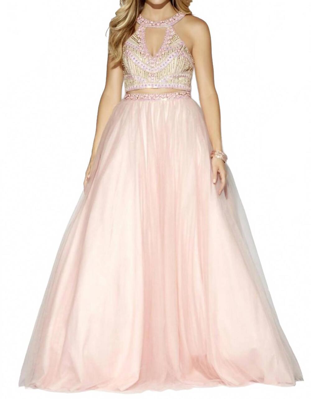 NEW JOSH & JAZZ beaded halter tulle prom dress in baby pink/nude